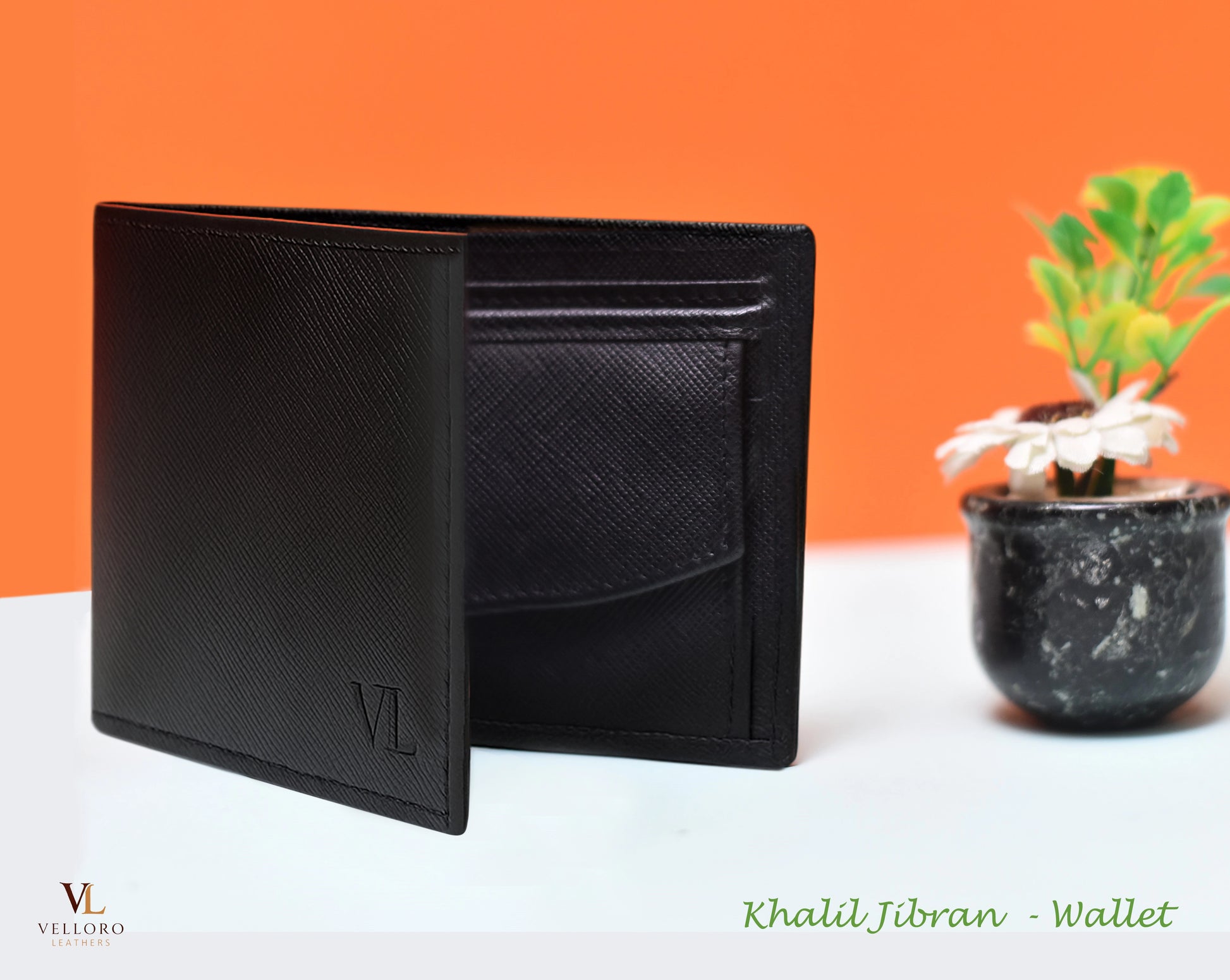 Full Grain Leather Wallet with 'VL' branding on an orange and white background
